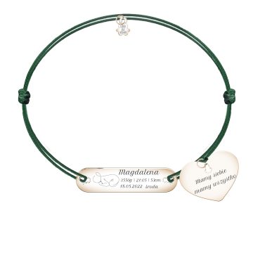 Bransoletka sznurkowa przylegająca longy z metryczką i grafiką oneline bobas oraz wiszącą zawieszką w kształcie serca z sugerowaną sentencją: Mamy siebie, mamy wszystko.