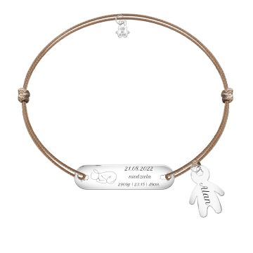 Bransoletka sznurkowa przylegająca longy z metryczką i grafiką oneline bobas oraz wiszącą zawieszką w kształcie chłopca z imieniem