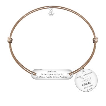 Bransoletka sznurkowa przylegająca longy z sugerowaną sentencją i wiszącym kółkiem z metryczką z grafiką oneline bobas