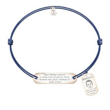 Bransoletka sznurkowa przylegająca longy z sugerowaną sentencją i wiszącym medalikiem z portretem ze zdjęcia z metryczką