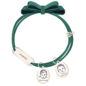 Bransoletka z dwoma grawerowanymi portretami Twojego dziecka na wstążce z longy z dowolnym grawerem+ 2 owale ze zdjęciem